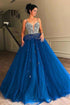 Blue Sweetheart Deep V neck Tulle Beaded Long Prom Evening Dress GJS192